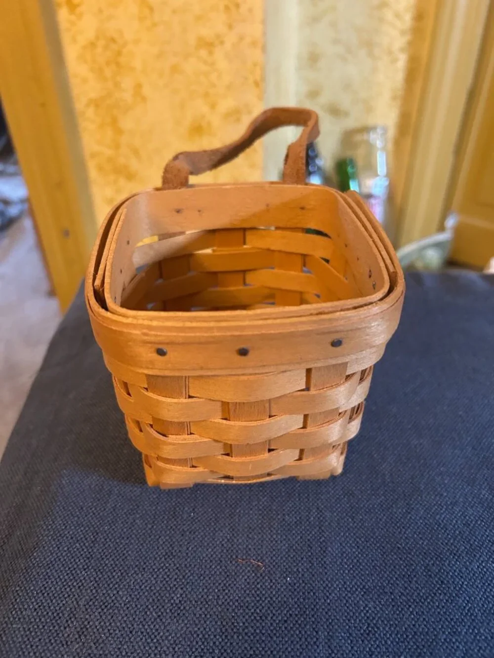 Longaberger Key Basket  4x4x4  square   leather strap w metal hanger on back
